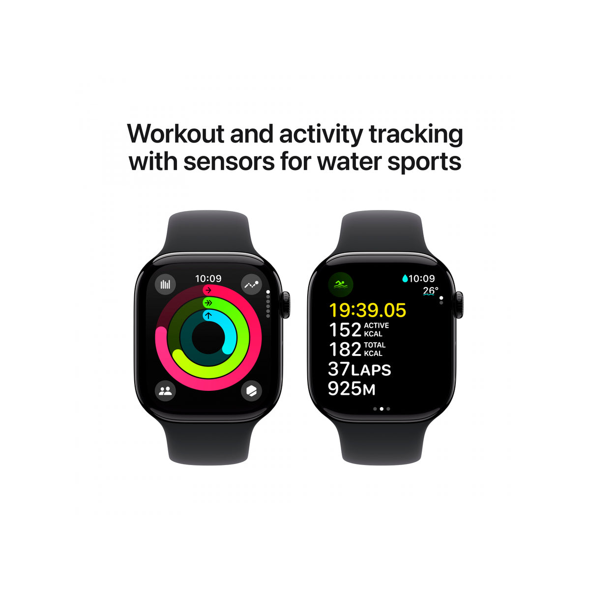 Apple Watch Series 10 czarny, aluminiowa obudowa, pasek sportowy.
