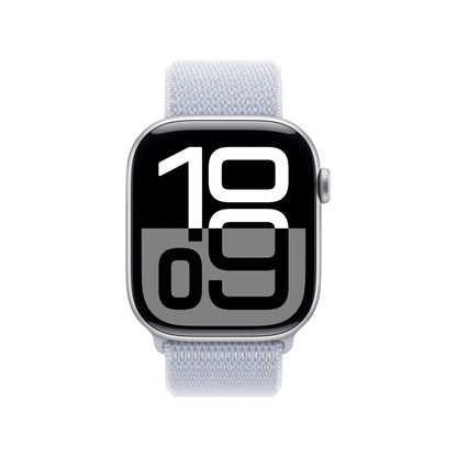 Apple Watch Series 10 GPS 42mm Silver z niebieskim paskiem.