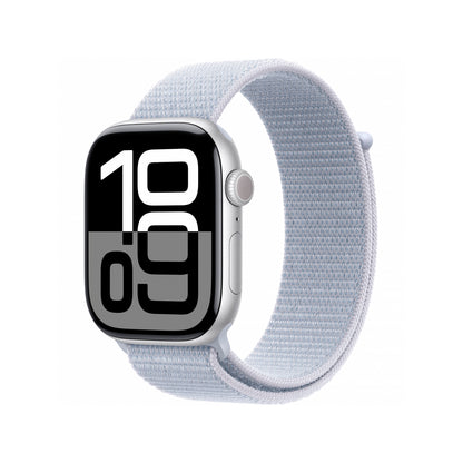 Apple Watch Series 10 GPS 42mm Silver z niebieskim paskiem.