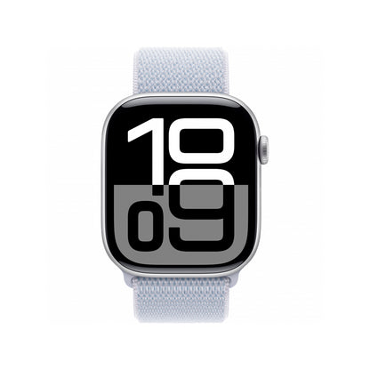 Apple Watch Series 10 GPS 42mm Silver z niebieskim paskiem.