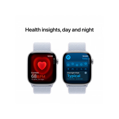 Apple Watch Series 10 GPS 42mm Silver Aluminium z niebieskim paskiem.